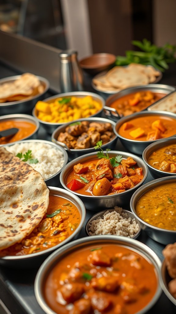 An assortment of Indian curries, rice, and naan bread served in bowls
