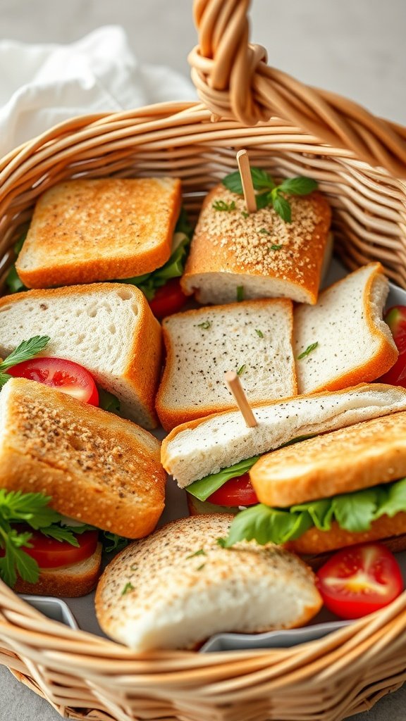 A basket filled with assorted sandwiches, including some with fresh vegetables and herbs.