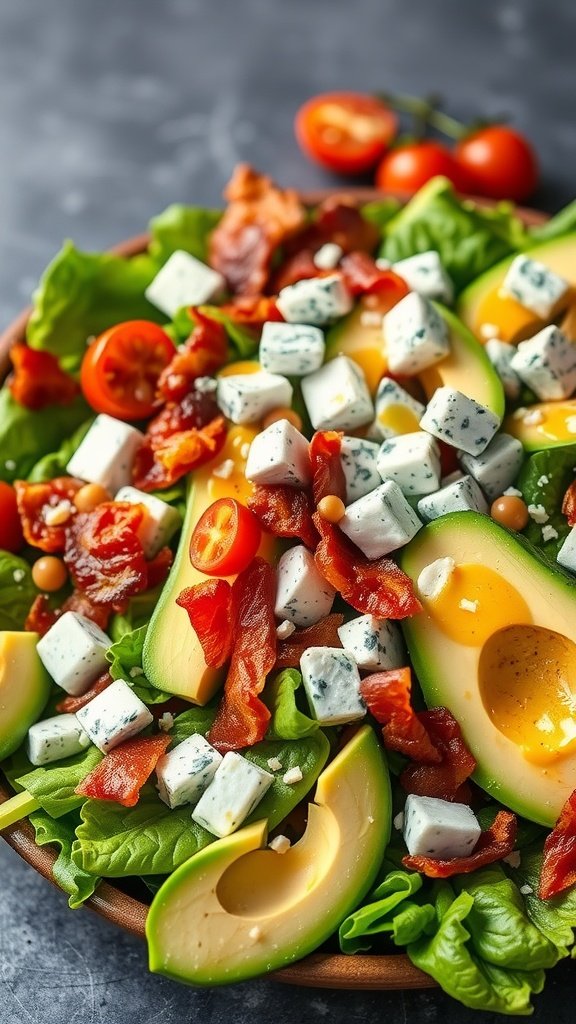 A colorful Cobb Salad with avocado dressing, featuring lettuce, bacon, cheese, tomatoes, and avocado slices.