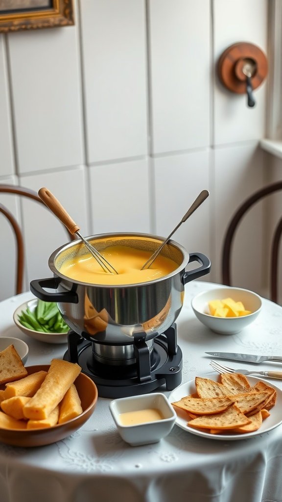 A fondue pot filled with melted cheese on a table, surrounded by bread, vegetables, and dipping sauce.