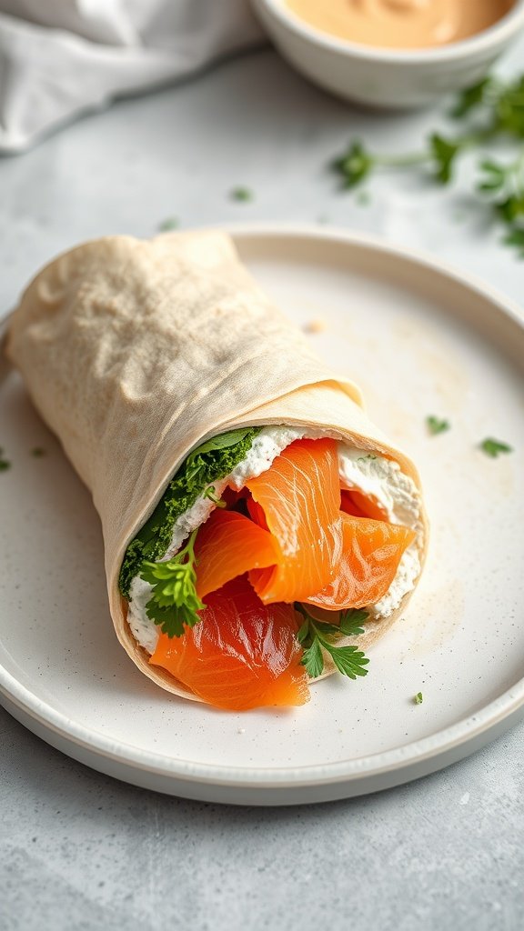A cream cheese and smoked salmon wrap on a plate, garnished with greens.