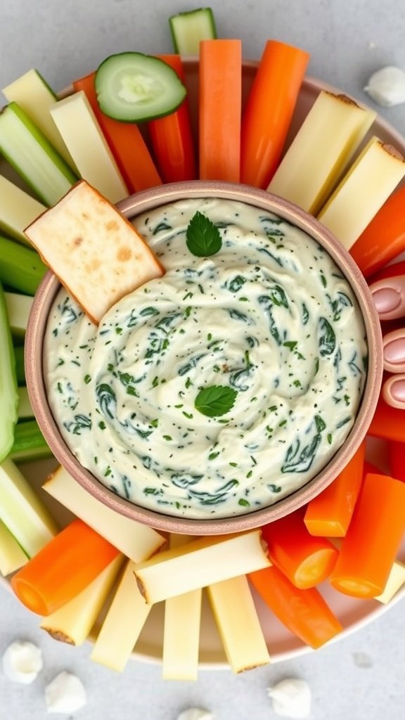 Creamy spinach and artichoke dip surrounded by fresh veggies