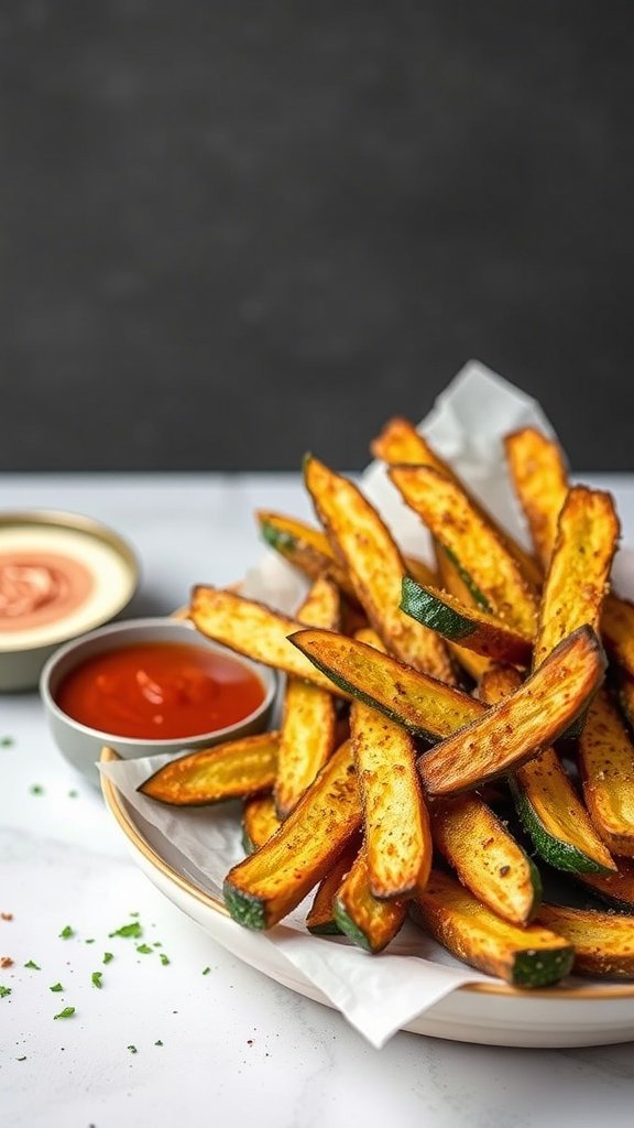 A plate of crispy baked zucchini fries with dipping sauces on the side.