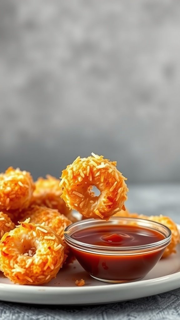 Plate of crispy coconut shrimp with a small bowl of dipping sauce