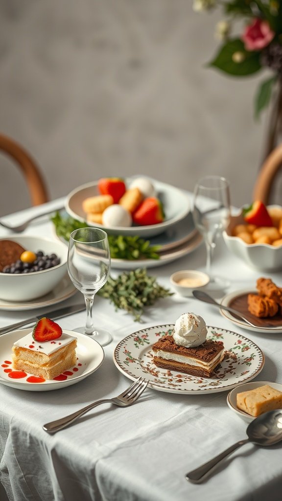 A beautifully arranged dessert table featuring layered desserts, sponge cake, ice cream, and fresh fruits.