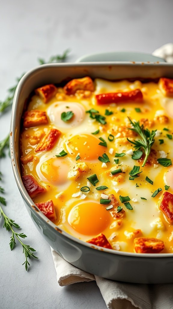 A delicious egg and cheese breakfast casserole with golden eggs, cheese, and crispy bacon pieces.
