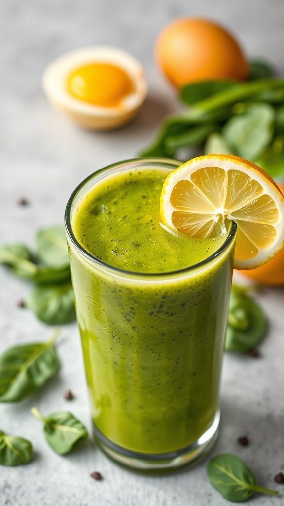 A glass of green smoothie with spinach and lemon slice, with an egg in the background.