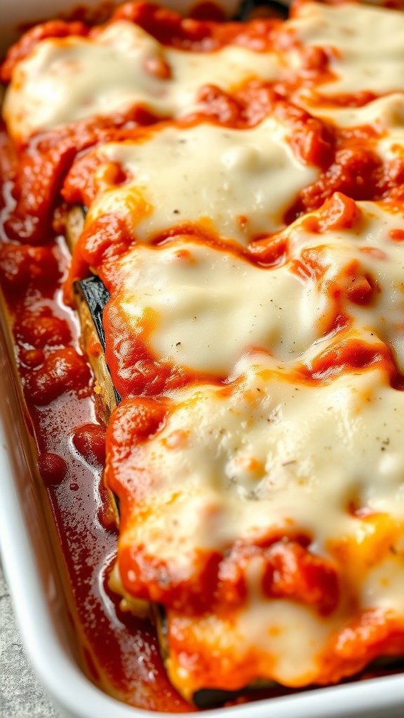 A close-up view of baked eggplant lasagna topped with cheese and marinara sauce.