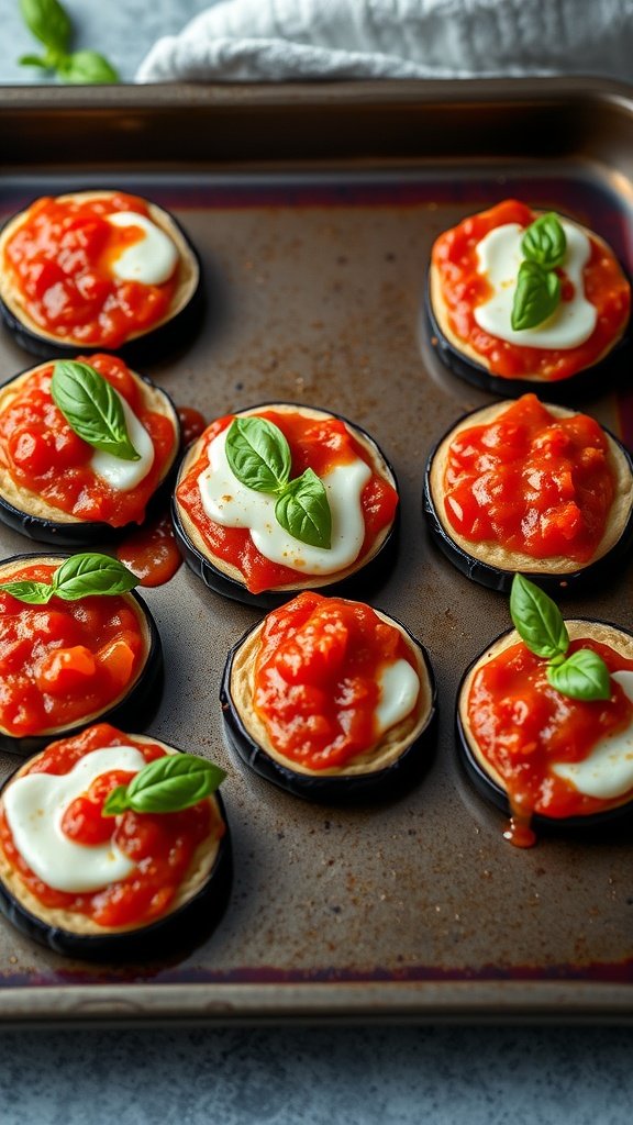 A tray of eggplant pizzas topped with tomato sauce, mozzarella cheese, and basil leaves.