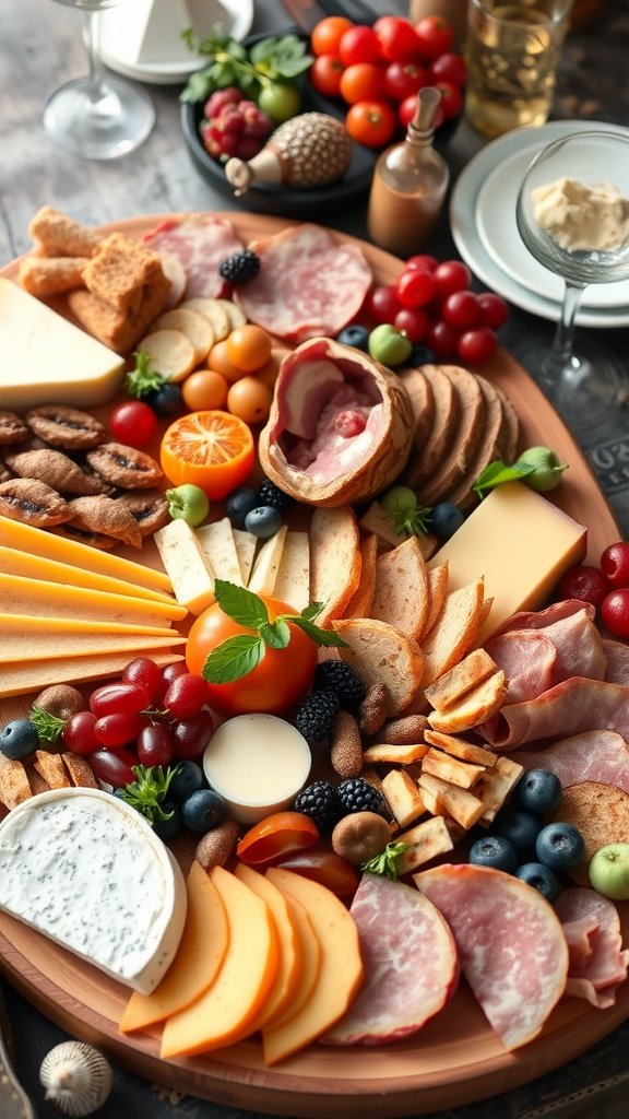 A beautifully arranged charcuterie board featuring various cheeses, cured meats, fresh fruits, and artisanal bread.
