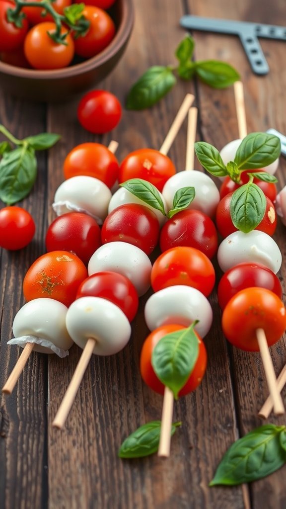 Fresh Caprese skewers with cherry tomatoes, mozzarella balls, and basil leaves on wooden sticks.