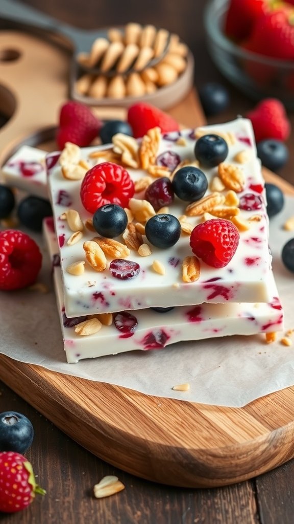 Frozen yogurt bark topped with nuts and berries on a wooden board