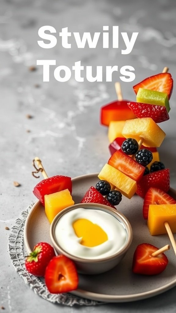 Colorful fruit skewers with honey yogurt dip on a plate.