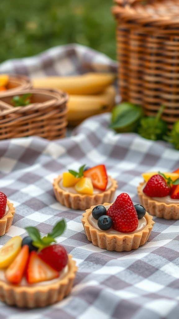 A selection of fruit tartlets on a picnic blanket with a basket in the background.