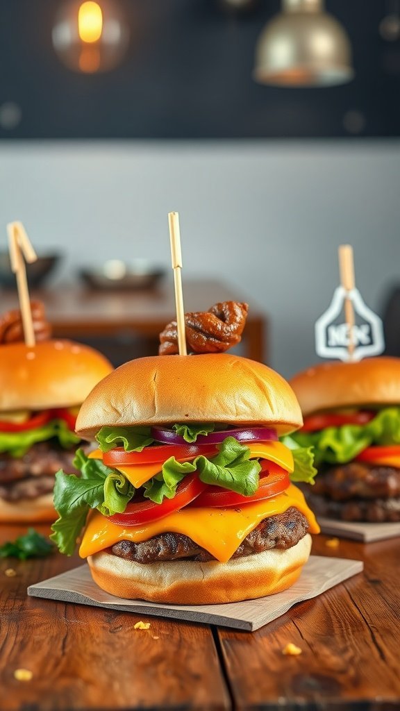 Gourmet burgers with cheese, lettuce, tomatoes, and sauces, placed on a wooden table.