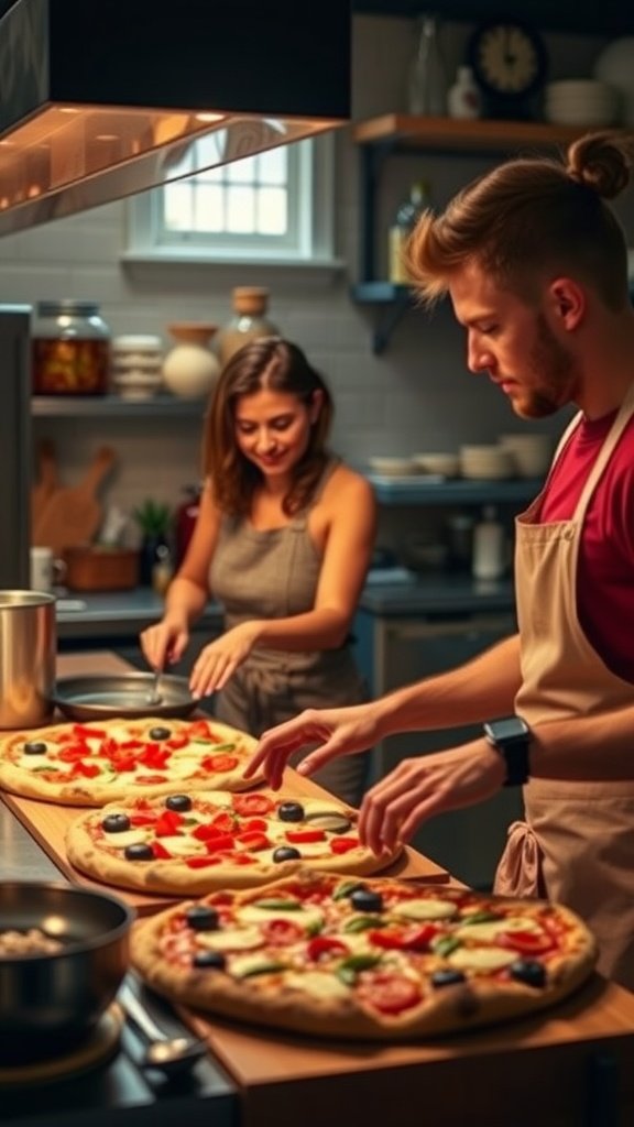Two people making gourmet pizza in a kitchen