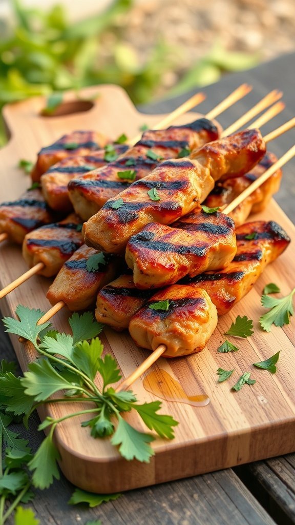 Grilled chicken skewers on a wooden platter with fresh herbs