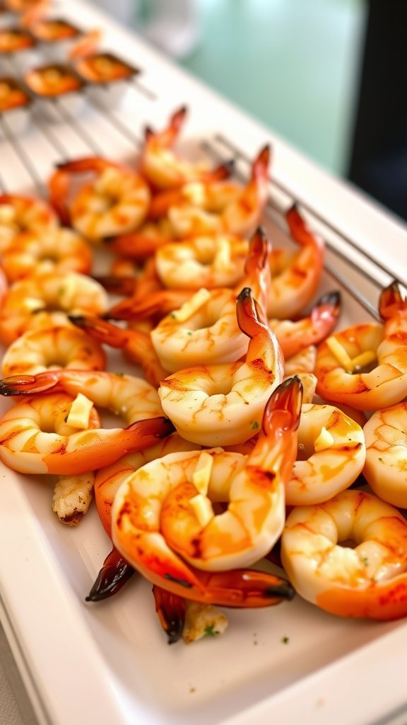 Grilled shrimp skewers garnished with garlic butter