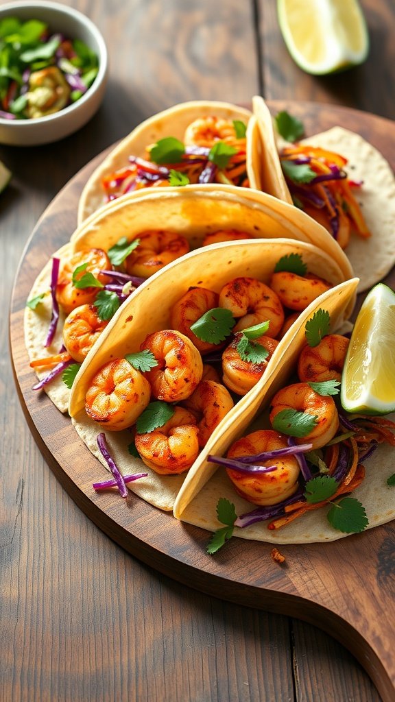 Three grilled shrimp tacos with cabbage slaw on a wooden platter, garnished with cilantro and lime wedges.