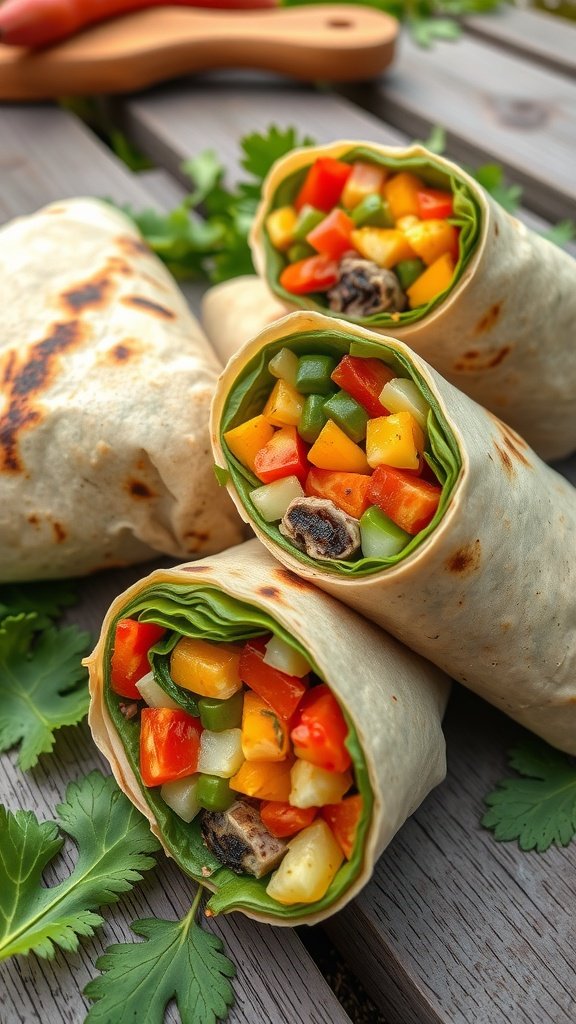 Three grilled vegetable wraps filled with colorful veggies on a wooden surface with cilantro.