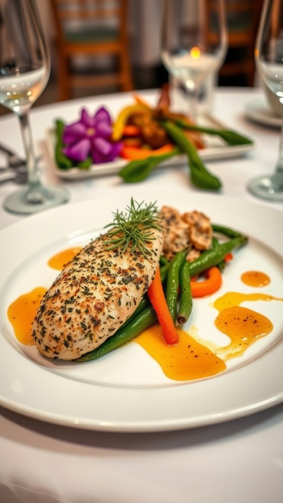 A beautifully plated herb-crusted chicken breast served with green beans and colorful bell peppers on a white dish.