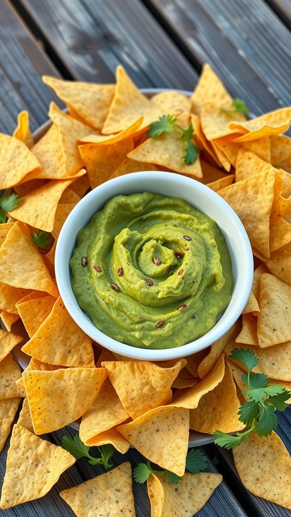 A bowl of homemade guacamole surrounded by tortilla chips and garnished with cilantro.