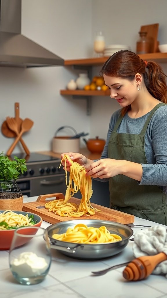 A person making homemade pasta in a cozy kitchen