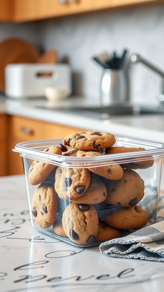 A clear container filled with homemade chocolate chip cookies on a kitchen counter