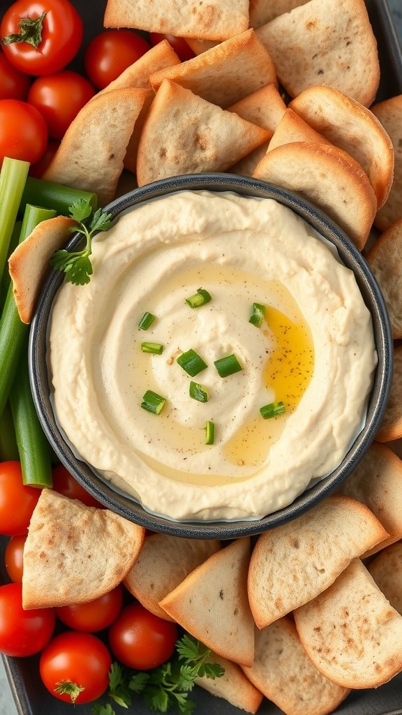 A bowl of hummus topped with olive oil and chopped green onions, surrounded by pita chips and fresh vegetables like cherry tomatoes and celery.