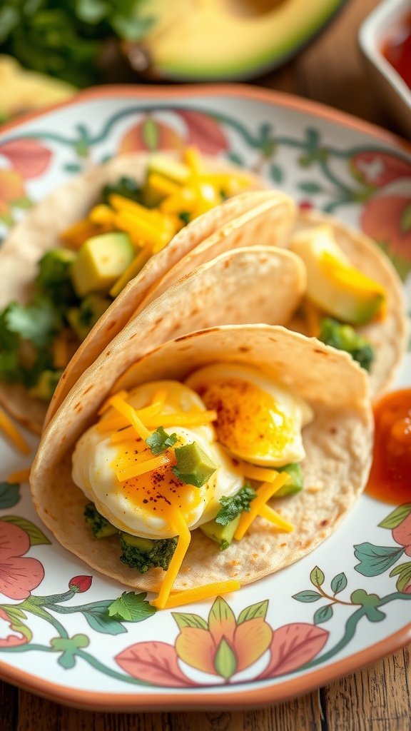 Keto breakfast tacos filled with eggs, cheese, and avocado on a colorful plate.