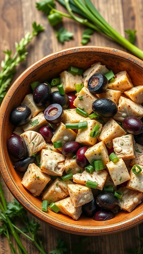 A bowl of Keto Chicken Salad with green onions and olives