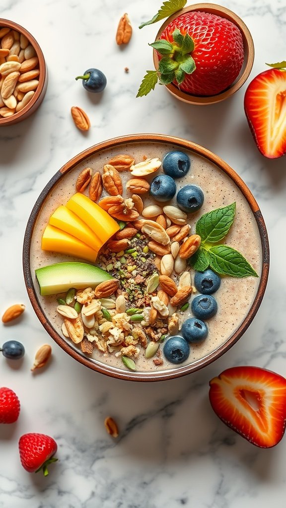 A colorful keto smoothie bowl topped with fruits and nuts, surrounded by more fruits on a light marble surface.