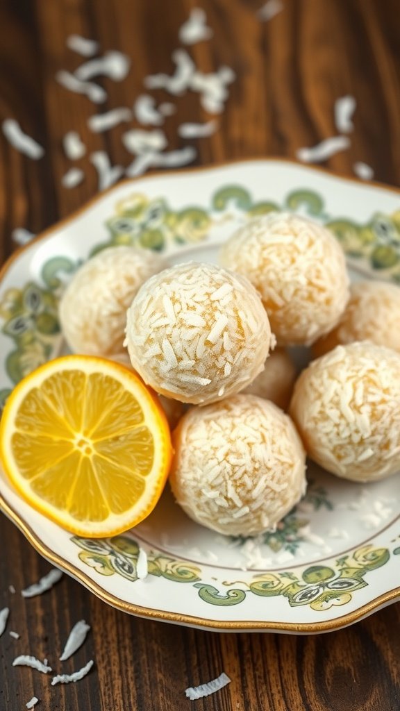 A plate of Lemon Coconut Energy Bites with a slice of lemon