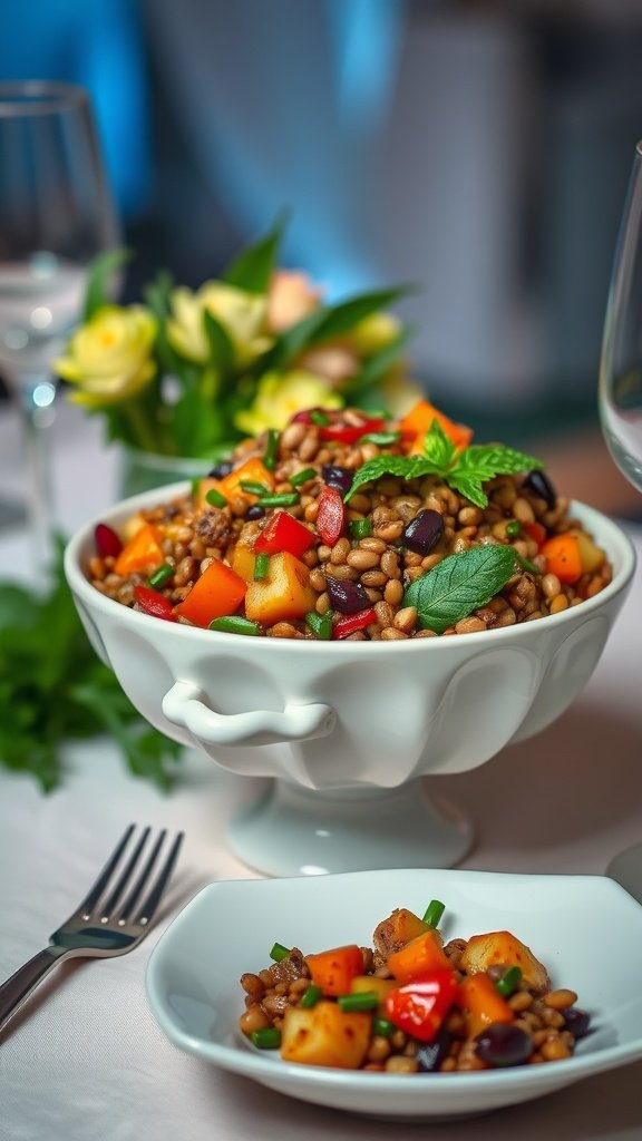 A colorful lentil salad with roasted vegetables served in a white bowl on a wedding reception table.