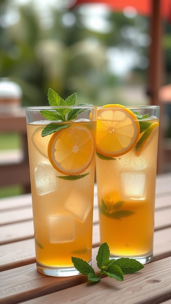 Two glasses of lightly sweetened iced tea with lemon slices and mint