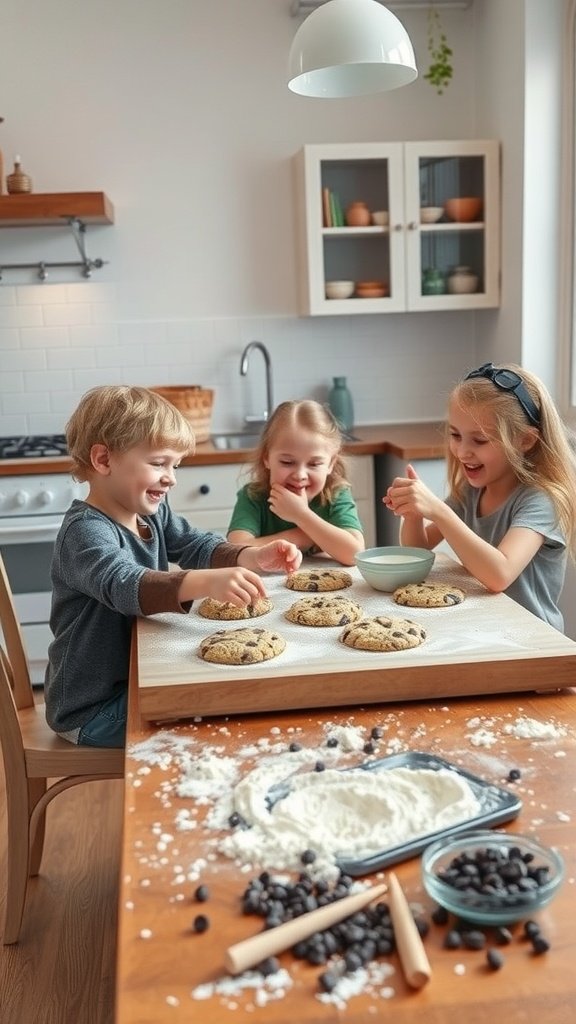 Children baking chocolate chip cookies together in a cozy kitchen.