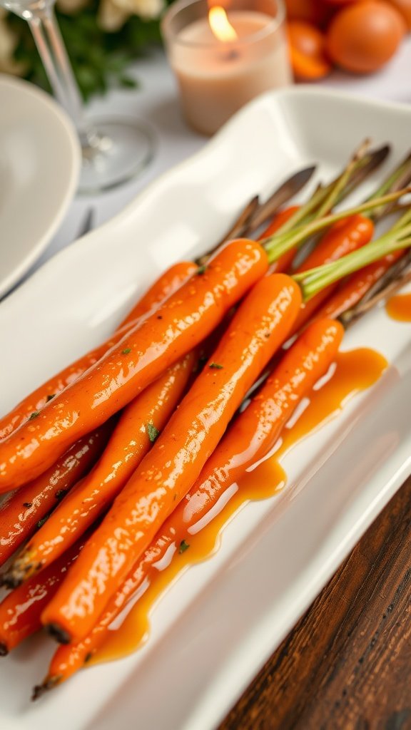 Maple glazed carrots on a white platter with a candle and decorative elements in the background.