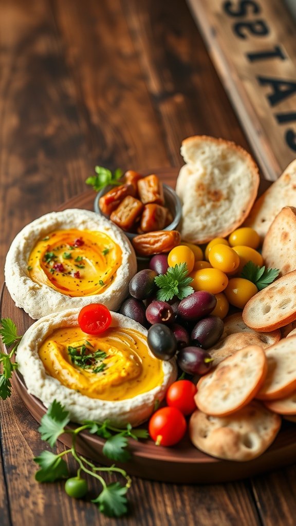 A Mediterranean mezze spread featuring dips, olives, fresh tomatoes, and pita bread arranged on a wooden platter.