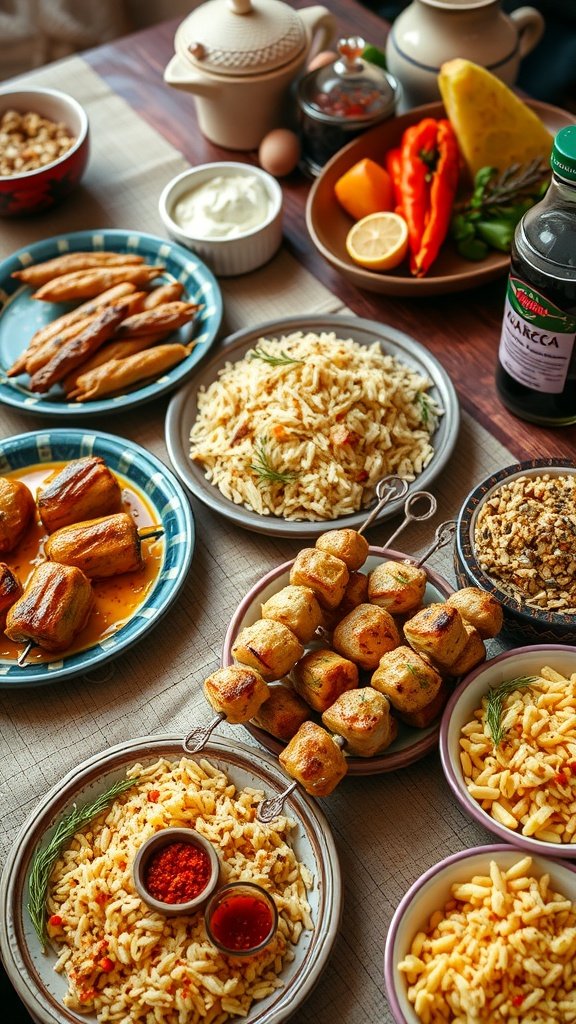 A beautifully arranged Middle Eastern meal with kebabs, rice, and fresh vegetables.