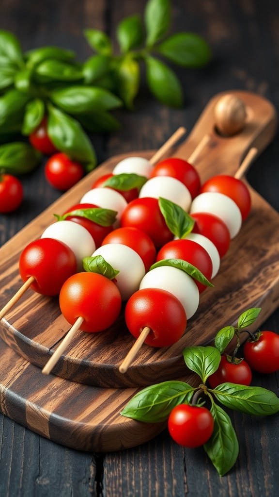 Mini Caprese skewers with cherry tomatoes, mozzarella balls, and basil on a wooden platter