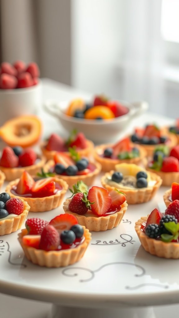 A platter of mini fruit tarts topped with various fresh fruits.