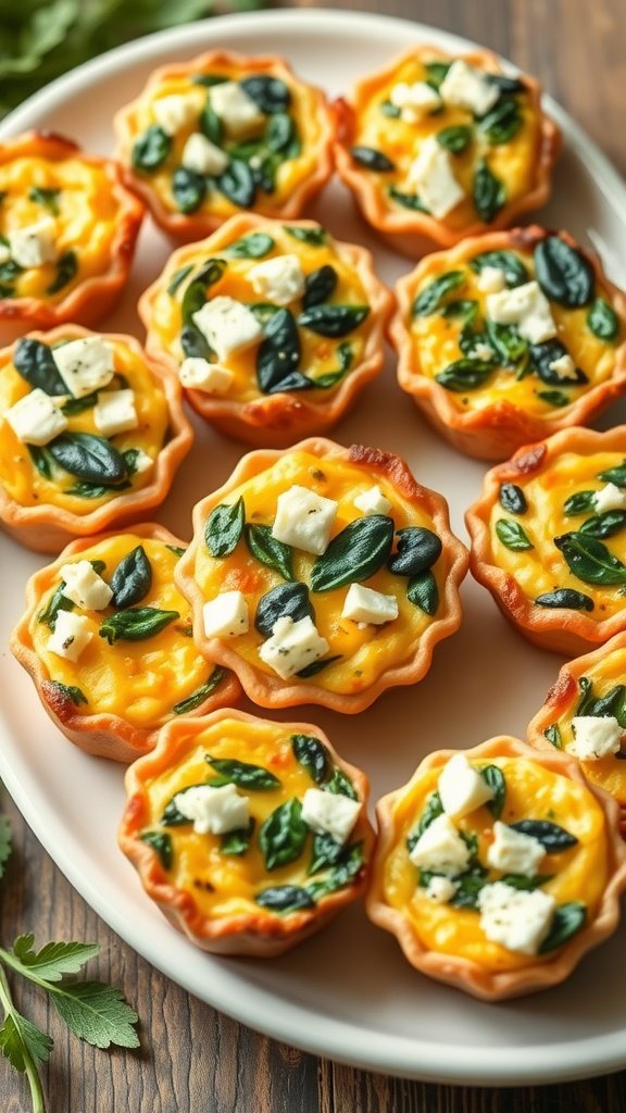 A platter of mini quiches with spinach and feta on a wooden table.