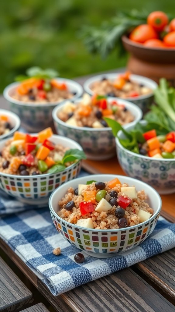 A variety of mini quinoa bowls filled with vegetables and served on a checkered picnic cloth.
