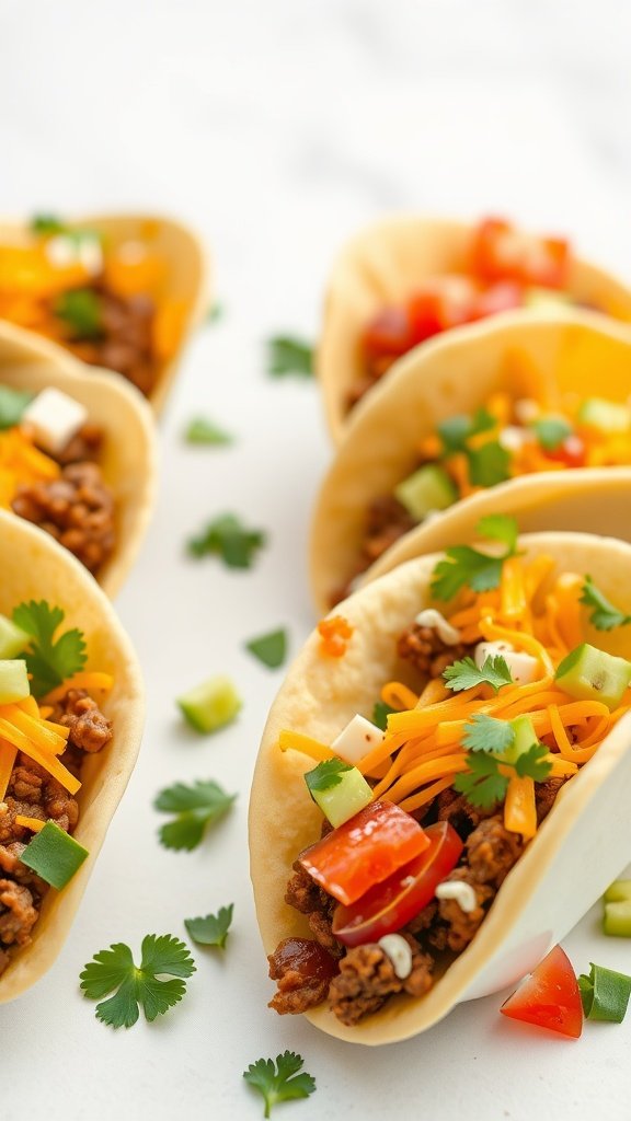 Mini taco cups filled with ground meat, cheese, and vegetables, garnished with cilantro.