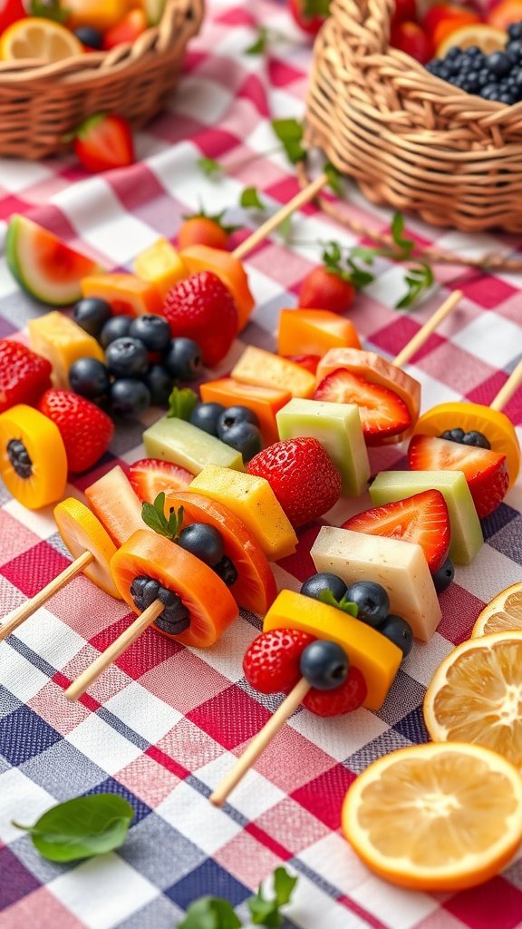 Colorful miniature fruit skewers on a picnic blanket.