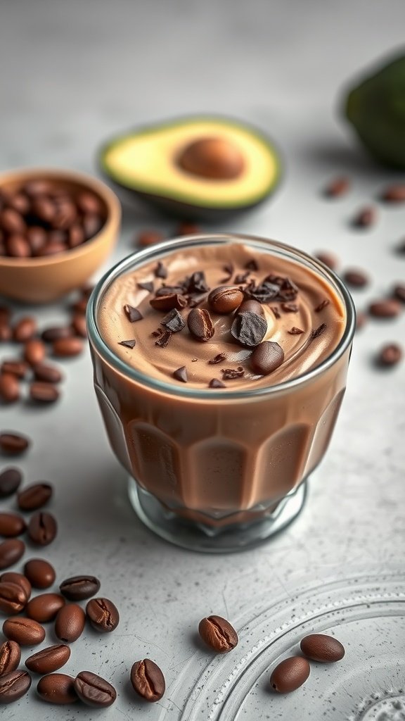 A glass of mocha avocado mousse topped with chocolate shavings and coffee beans, with avocado and coffee beans in the background.