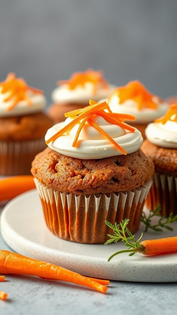 Moist carrot cake muffins topped with cream cheese frosting and carrot shavings on a plate with fresh carrots beside them.