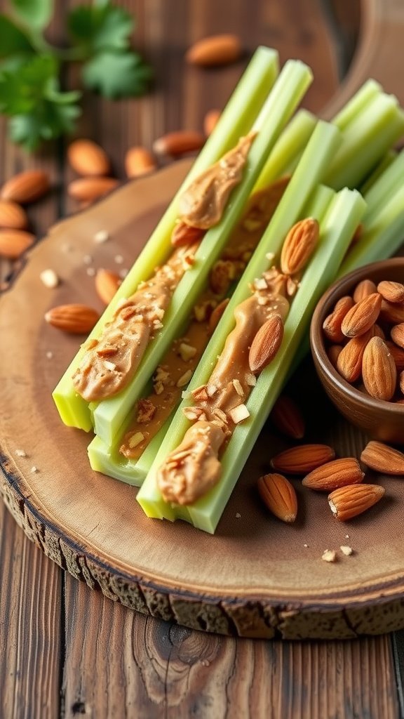 Celery sticks topped with nut butter and served with almonds on a wooden plate.