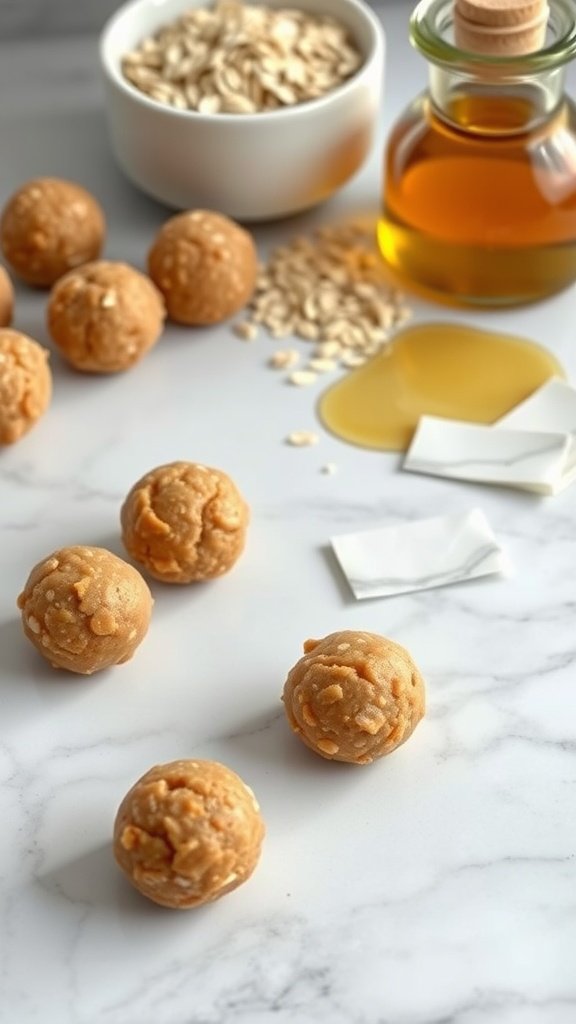 An arrangement of peanut butter protein balls, oats, honey, and chocolate chips on a marble surface.