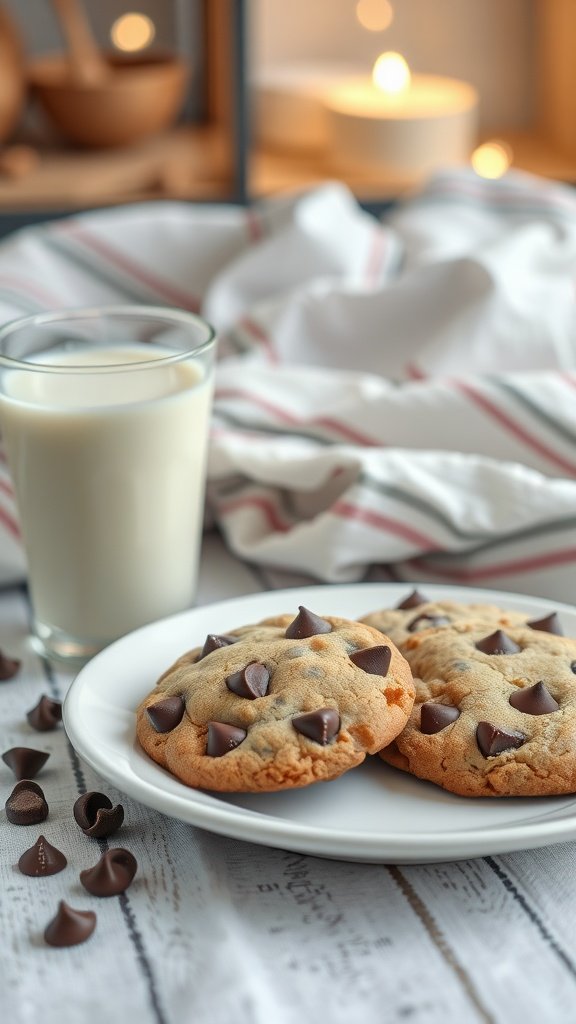 A plate of homemade chocolate chip cookies beside a glass of milk, with warm lighting in the background.